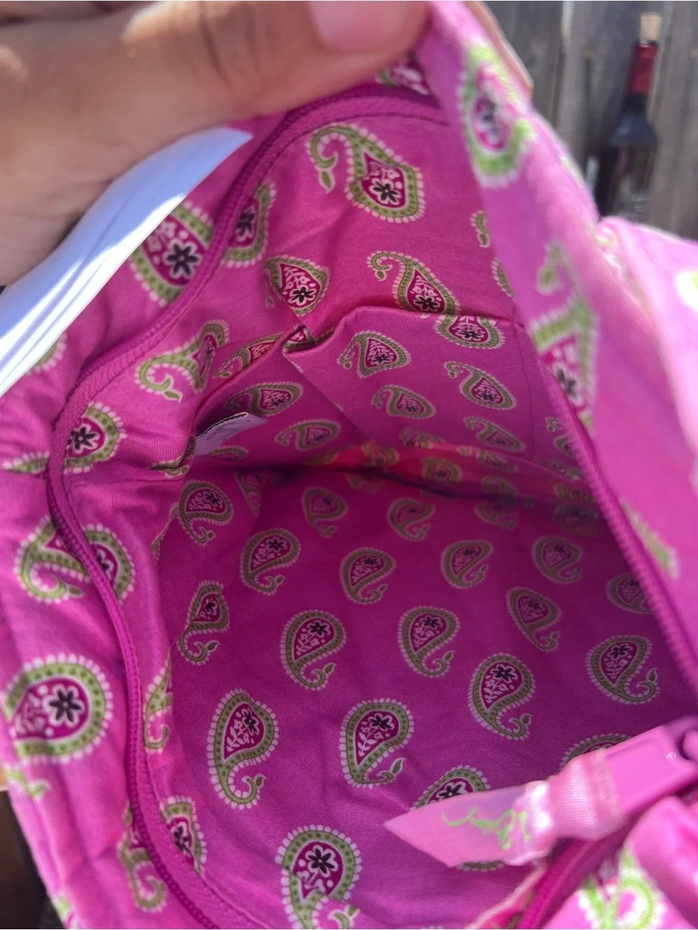 Vera Bradley Pink Paisley quilted crossbody bremuda bag  with green accents/ pin